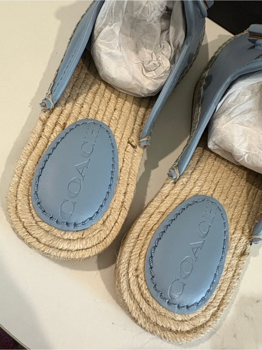 Coach Women's Light Blue Leather Espadrille Mules NWT